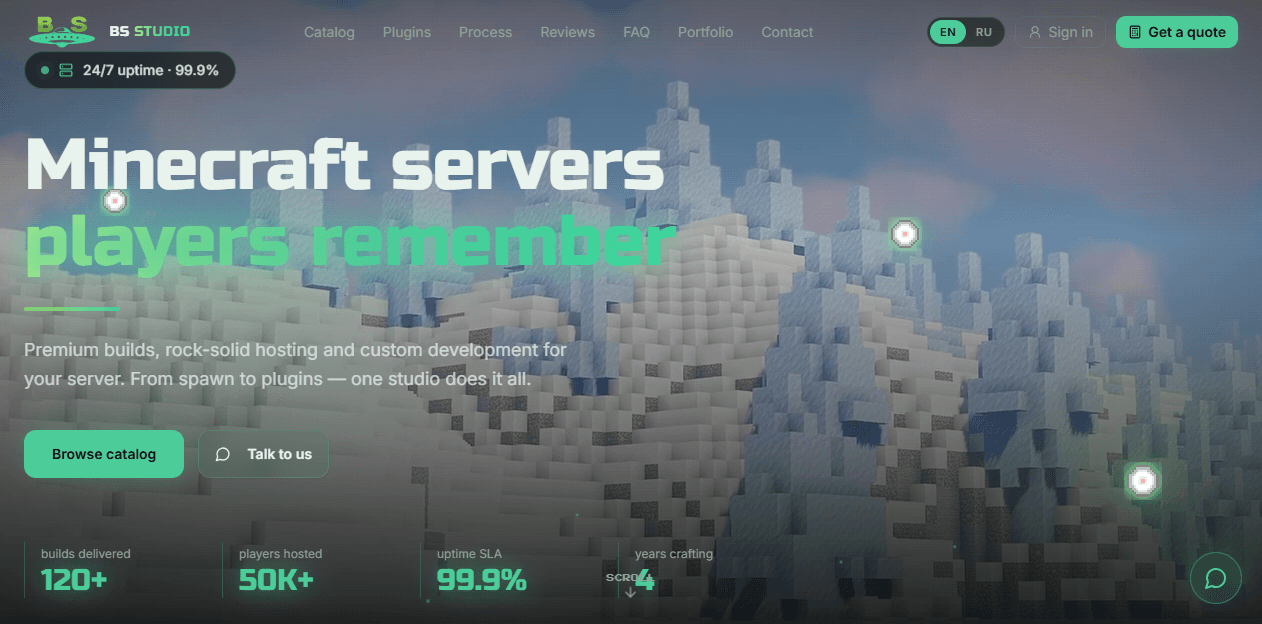BS Studio homepage — hero with service stats