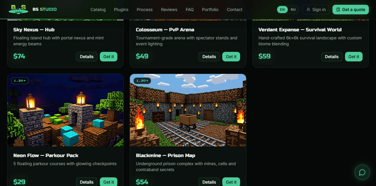 BS Studio catalog with priced Minecraft builds